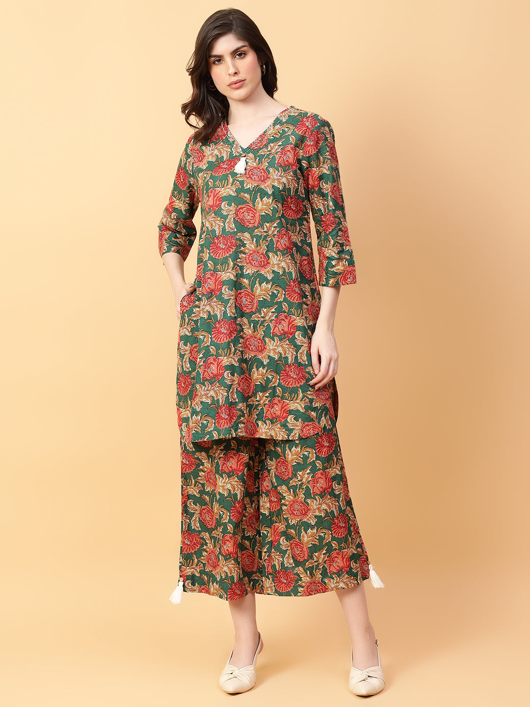 Green Cotton Printed & Hand Work Co-Ord Set (Set of 2)