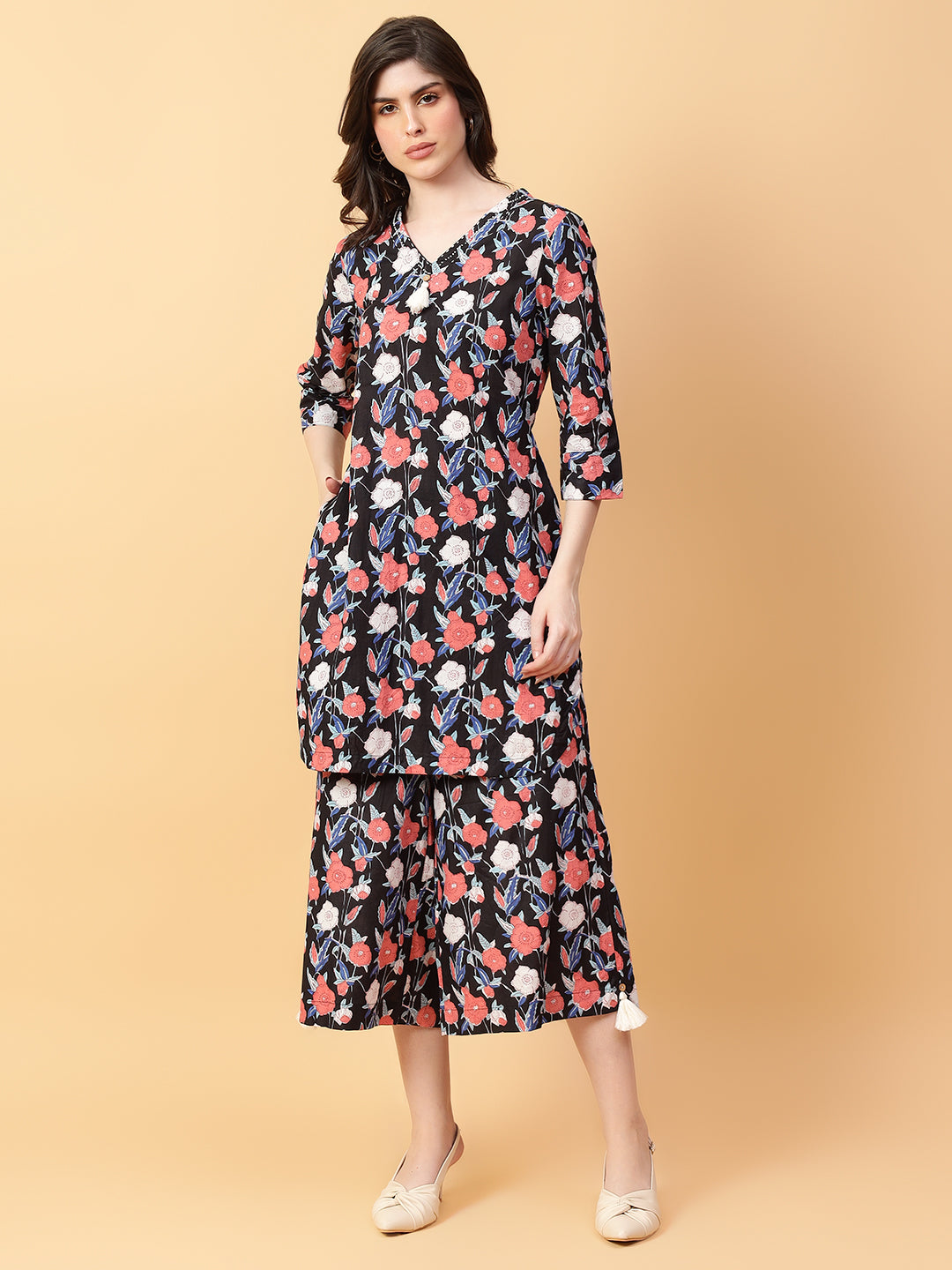 Black Cotton Printed & Hand Work Co-ord Set (Set of 2)