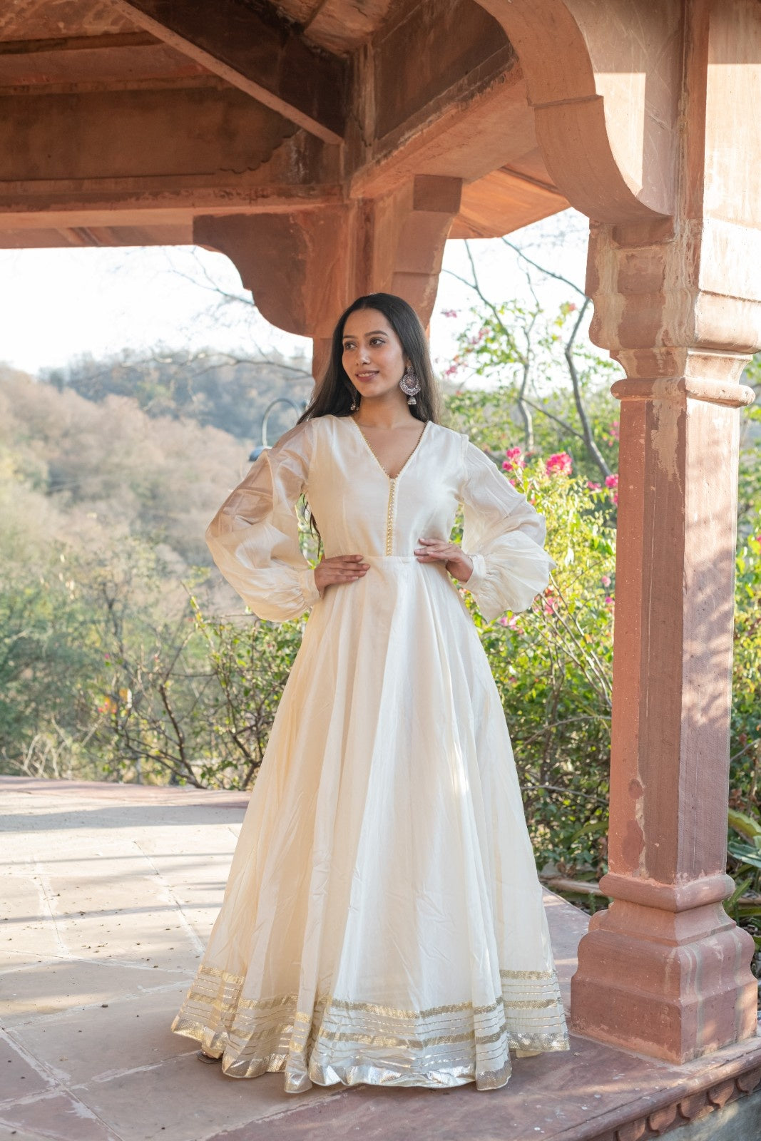 Beige Chanderi Dress with Gota Work
