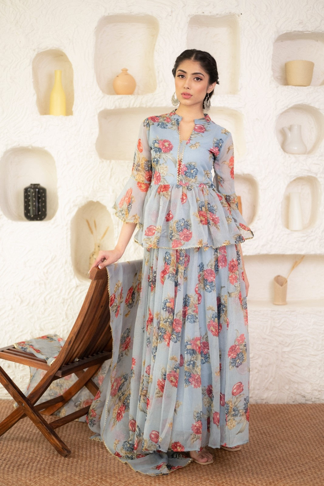 Grey Chiffon Floral Print Lehenga