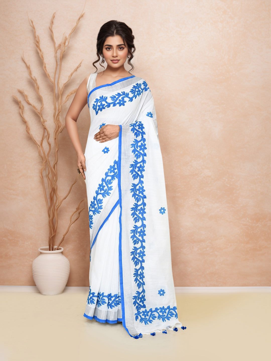 Women Cotton Applic Saree with Running Blouse Pcs