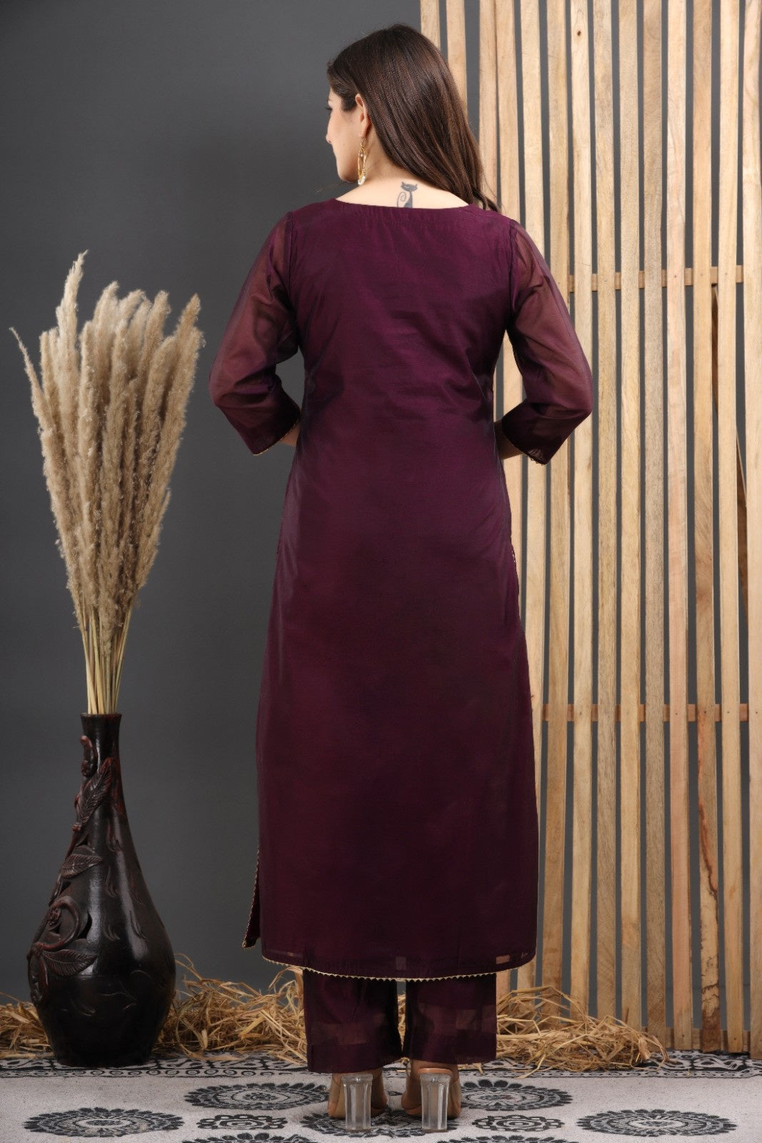 Wine Chanderi Kurta Pant Set