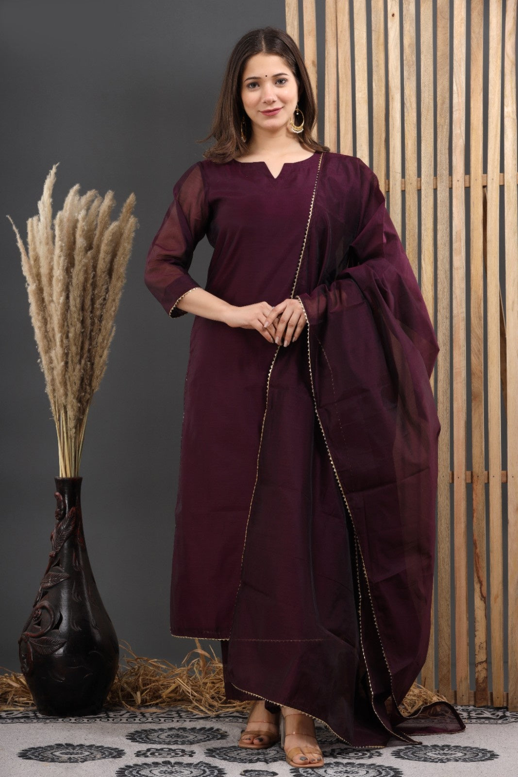 Wine Chanderi Kurta Pant Set