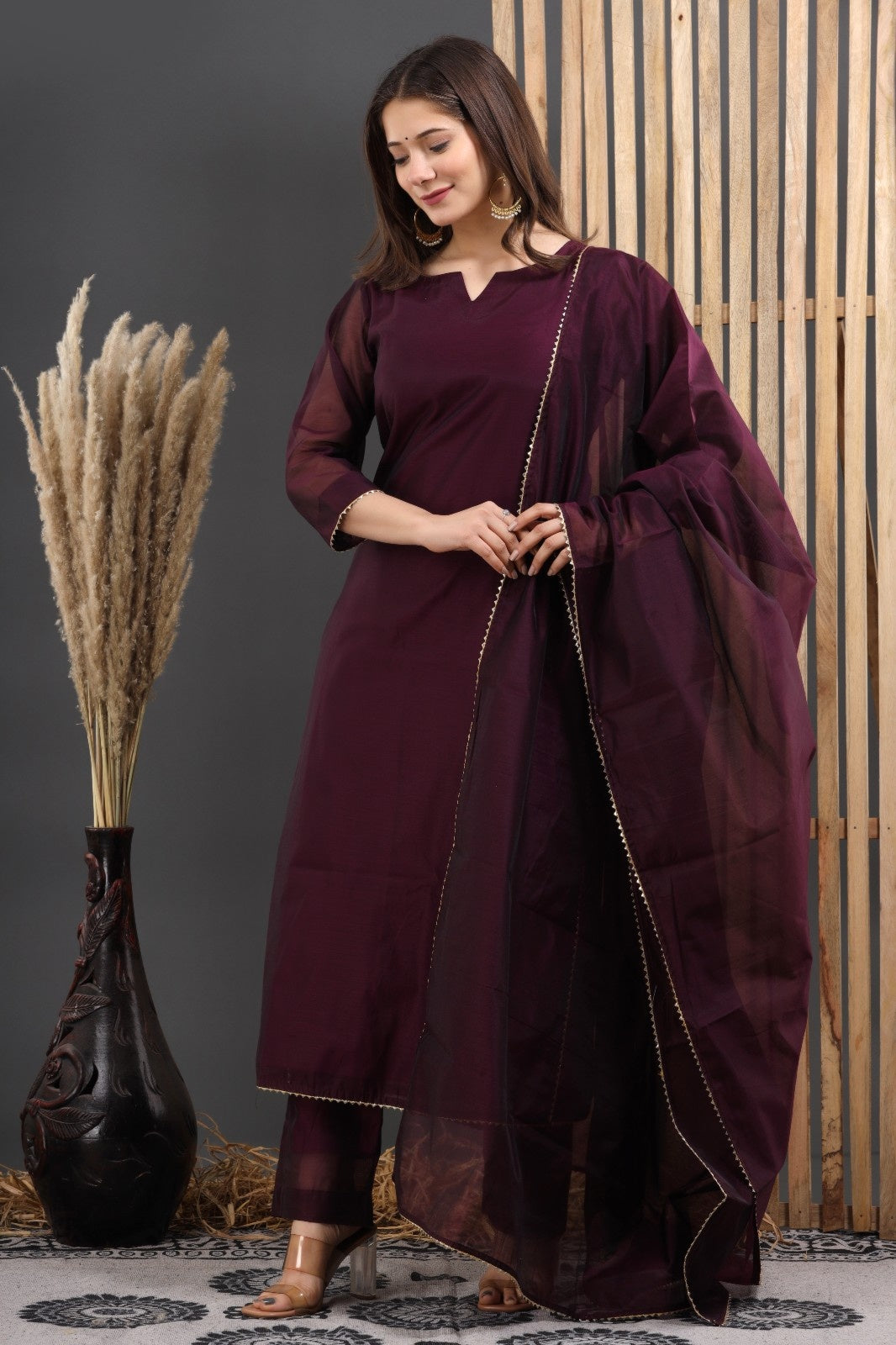 Wine Chanderi Kurta Pant Set