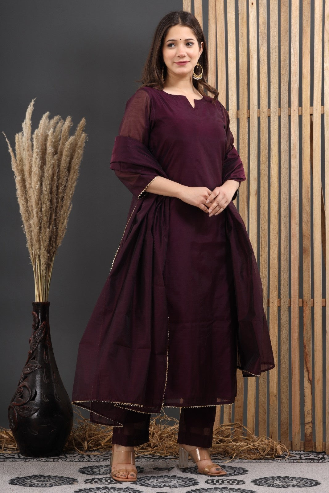 Wine Chanderi Kurta Pant Set