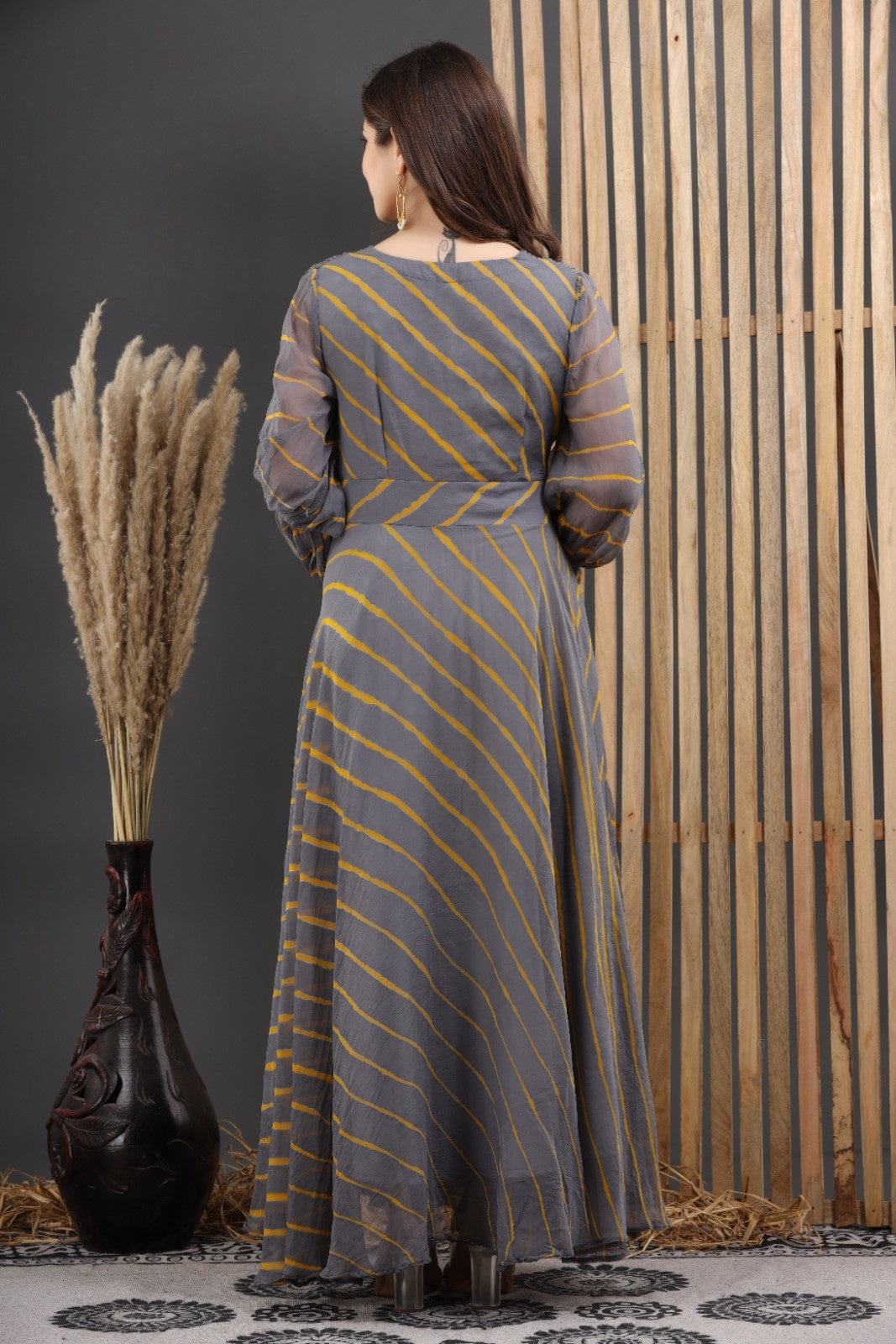 Grey Chiffon Leheriya Printed Dress