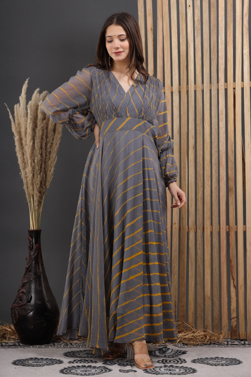 Grey Chiffon Leheriya Printed Dress