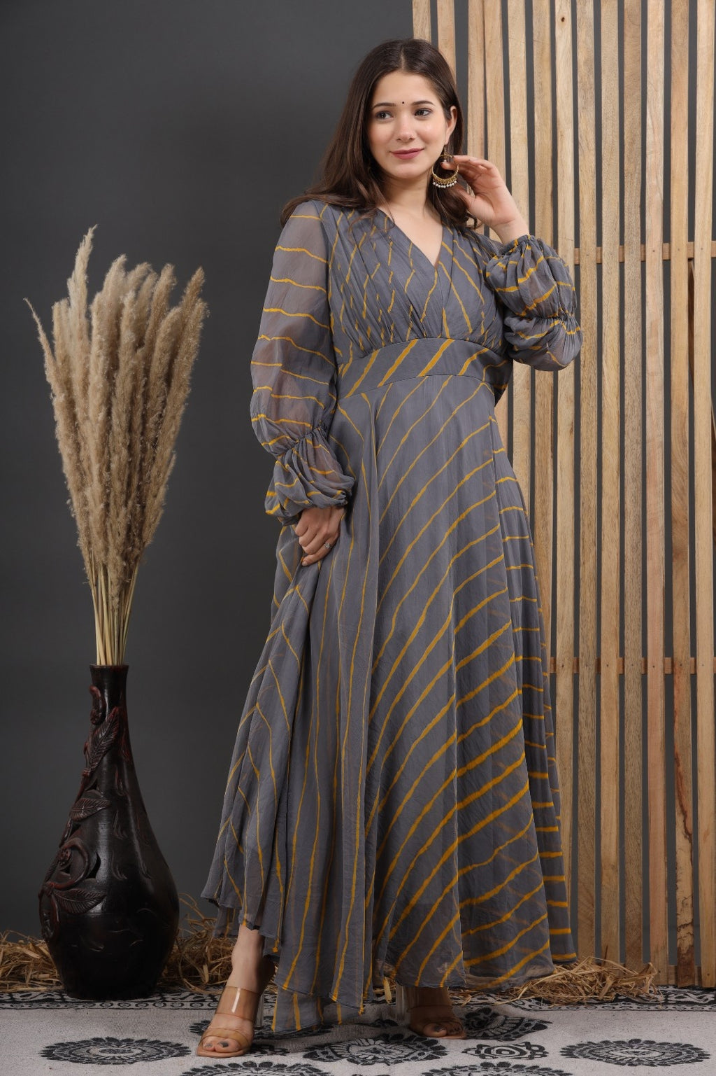 Grey Chiffon Leheriya Printed Dress