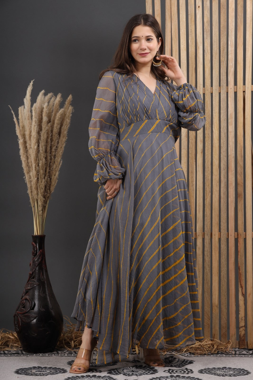 Grey Chiffon Leheriya Printed Dress