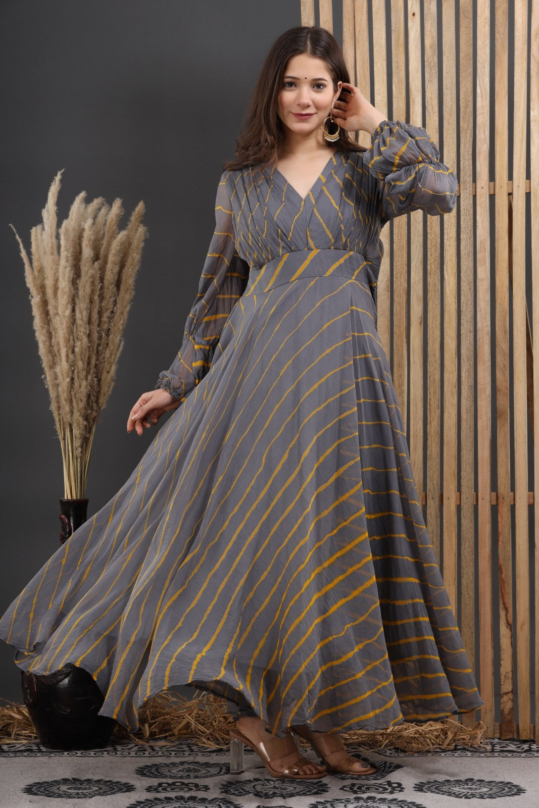 Grey Chiffon Leheriya Printed Dress