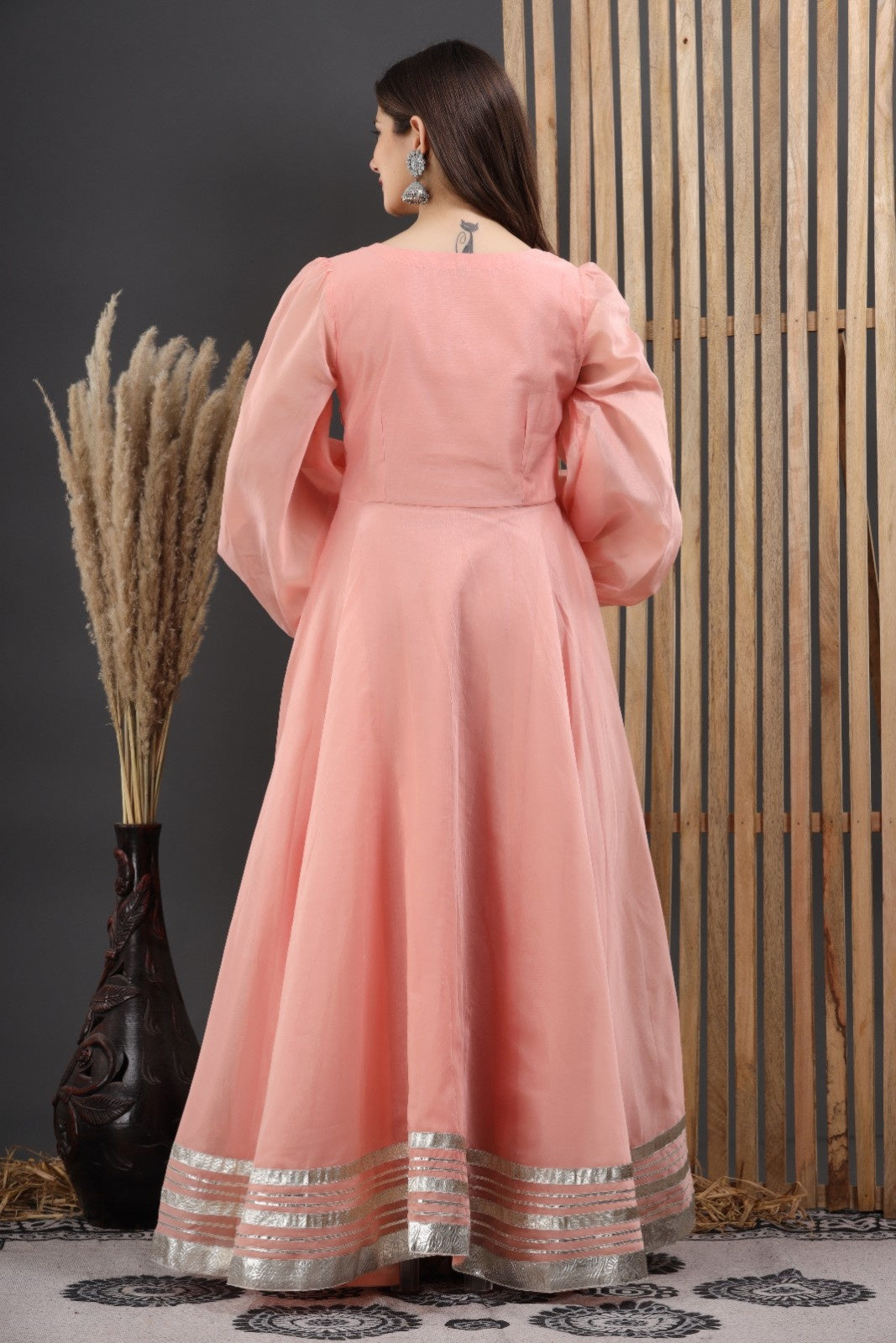 Peach Chanderi Dress with Gota Work