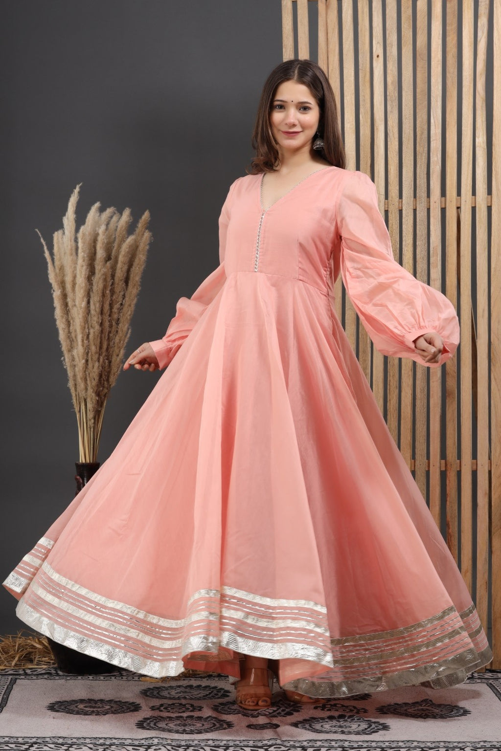 Peach Chanderi Dress with Gota Work