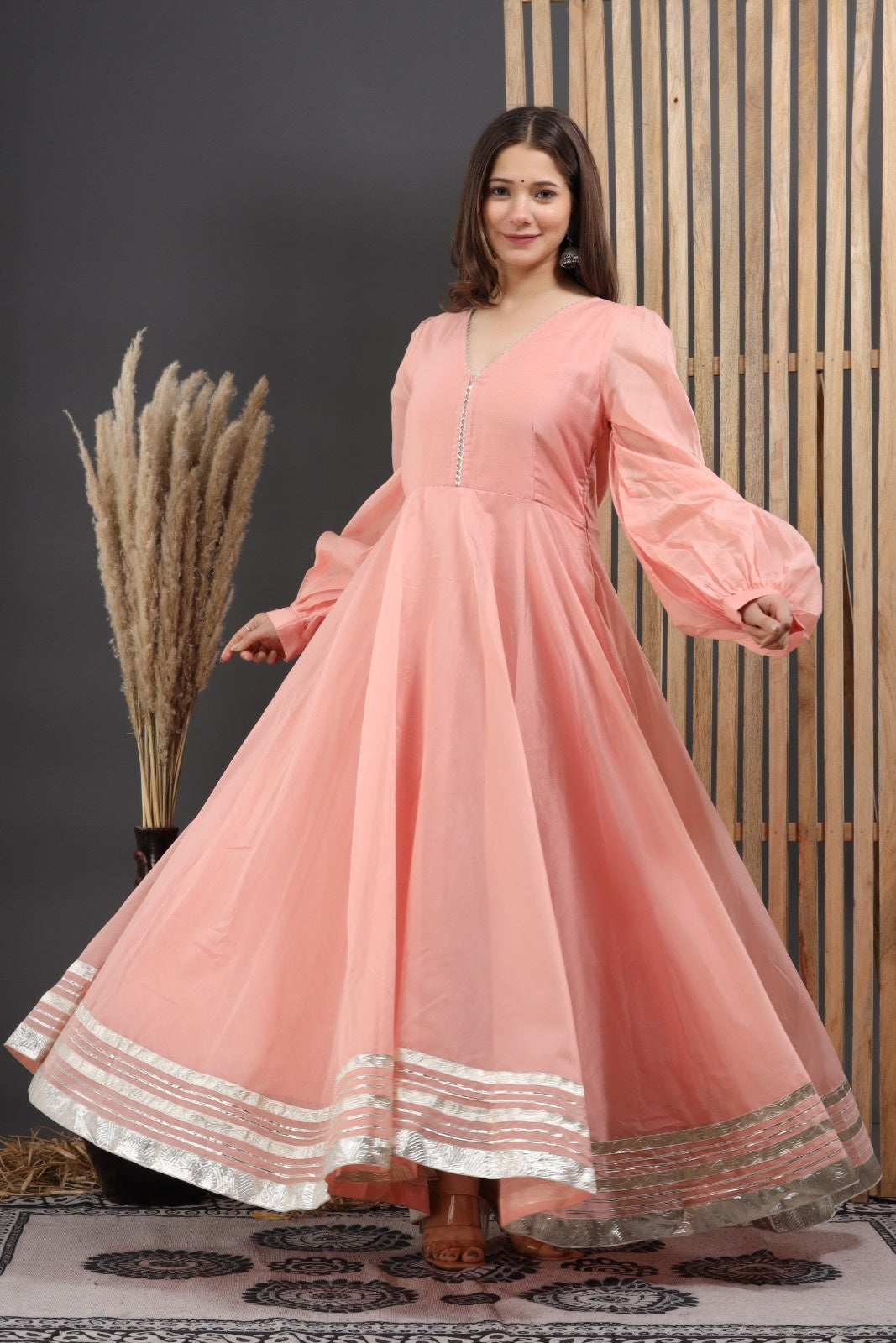 Peach Chanderi Dress with Gota Work