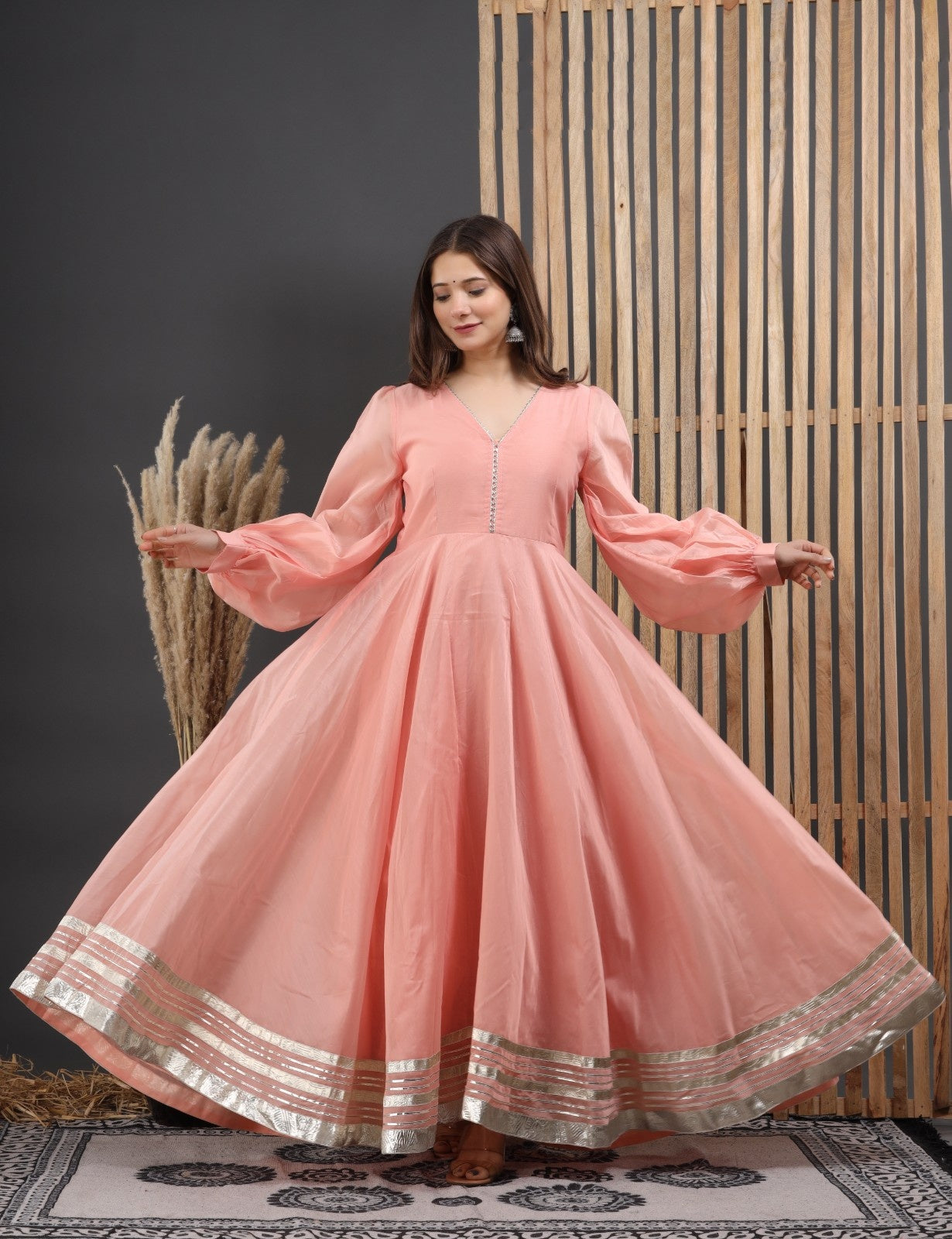 Peach Chanderi Dress with Gota Work