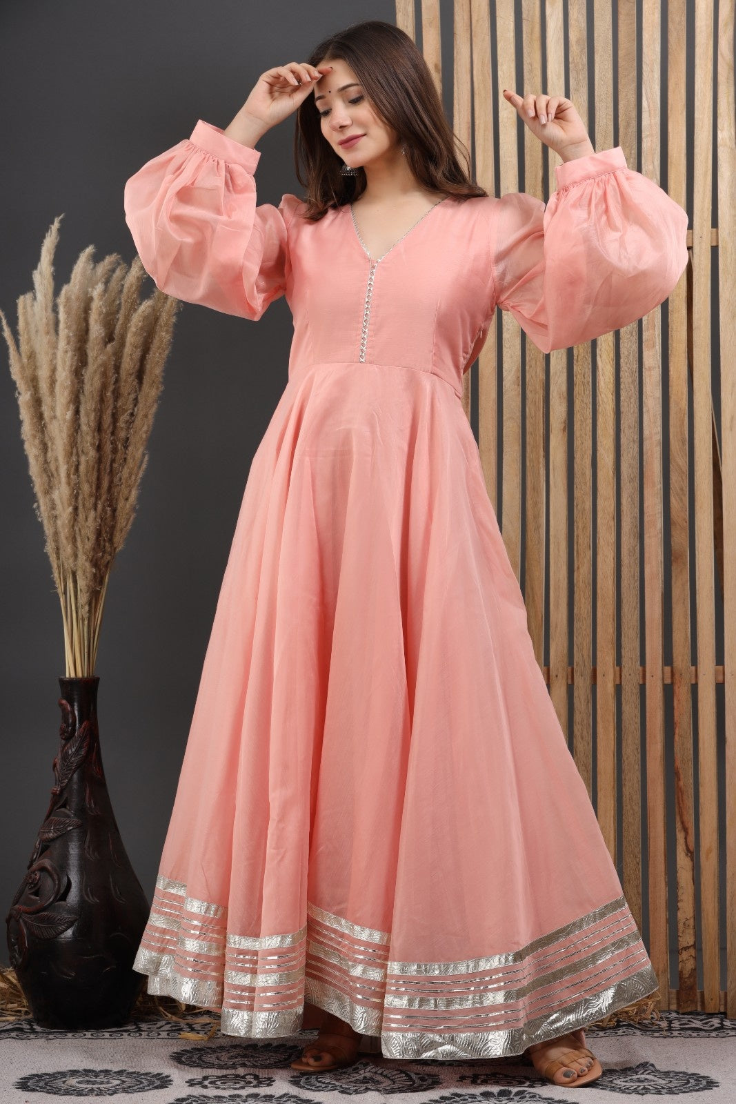 Peach Chanderi Dress with Gota Work