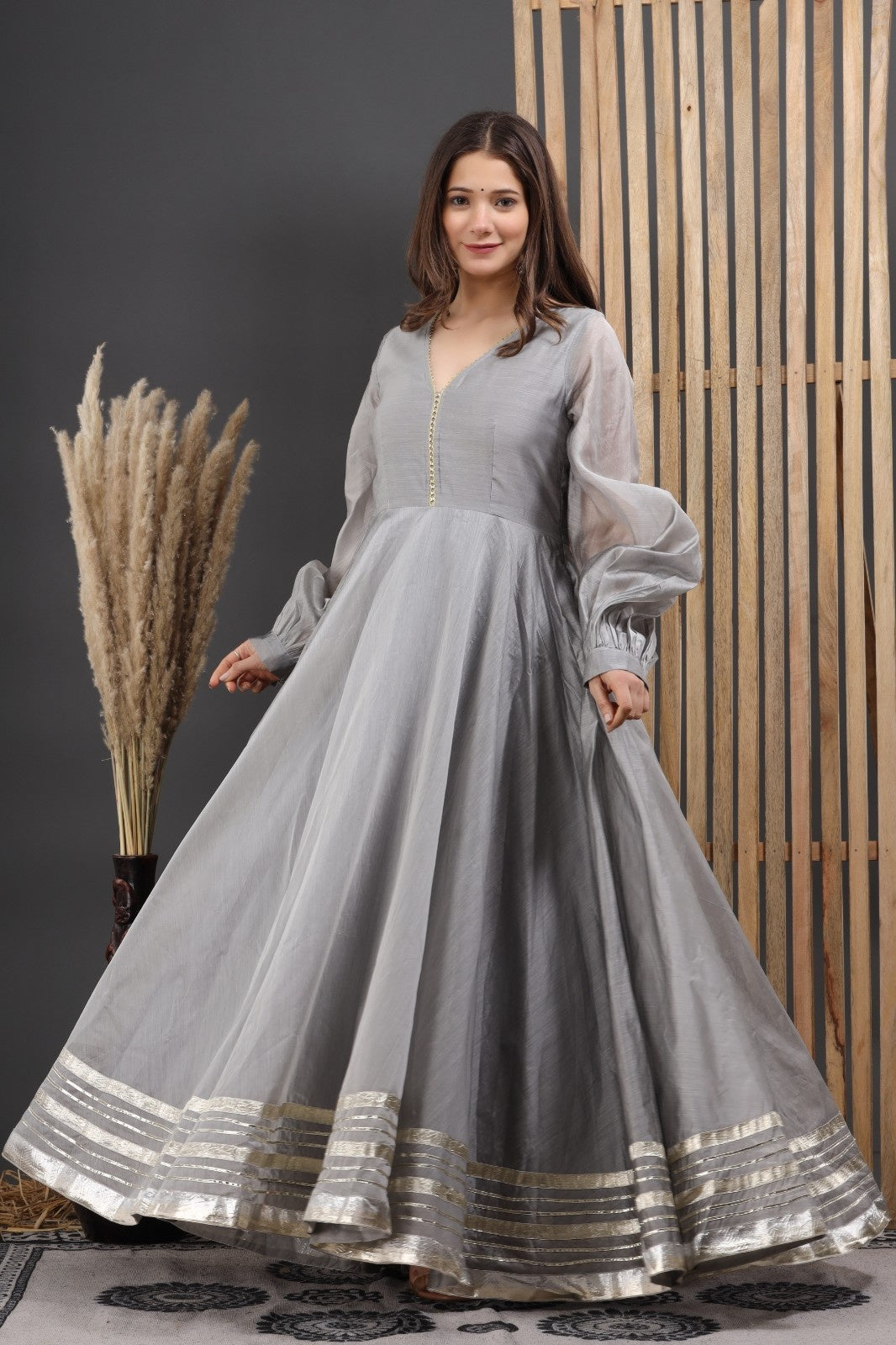Grey Chanderi Dress with Gota Work