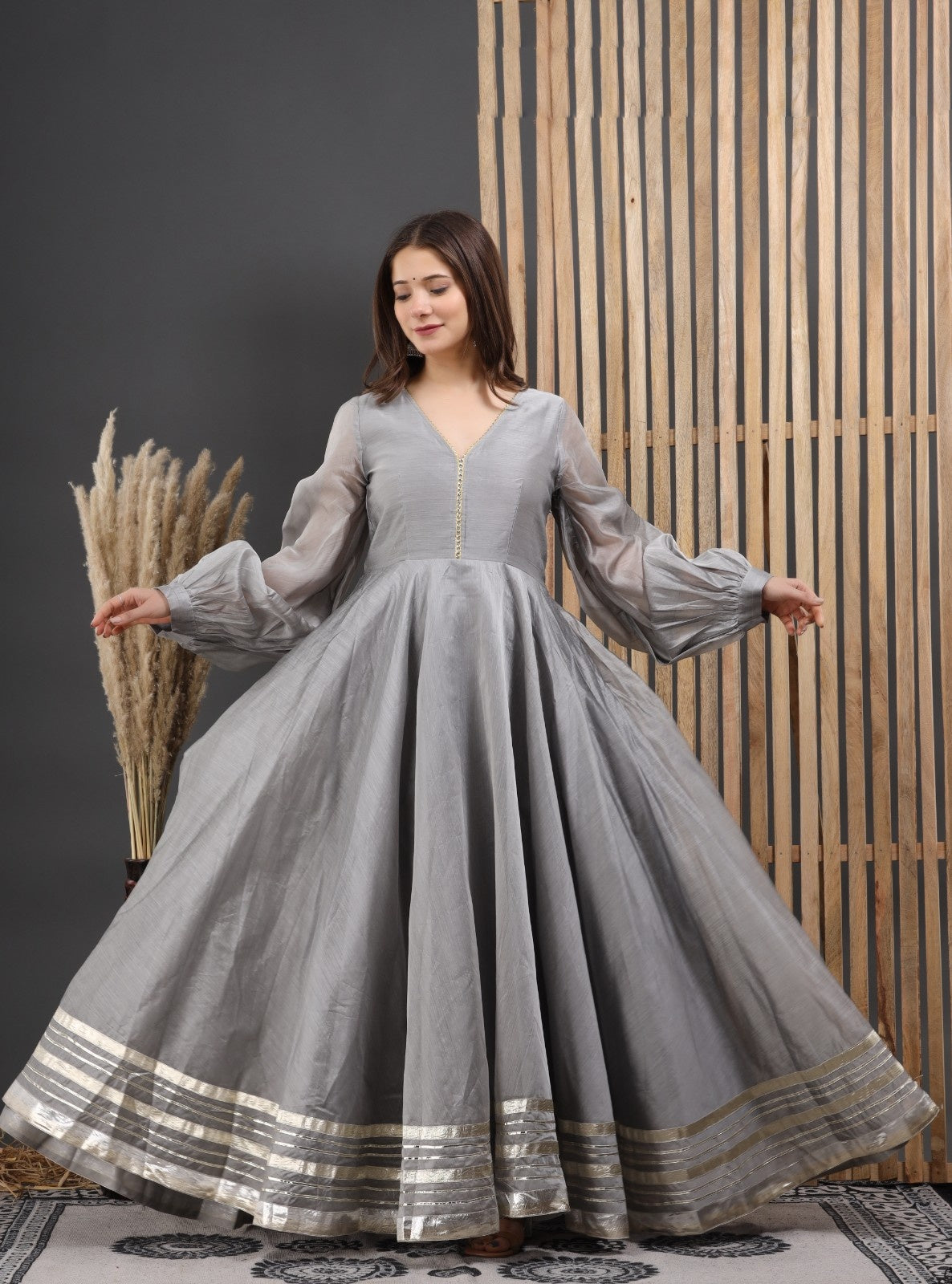 Grey Chanderi Dress with Gota Work