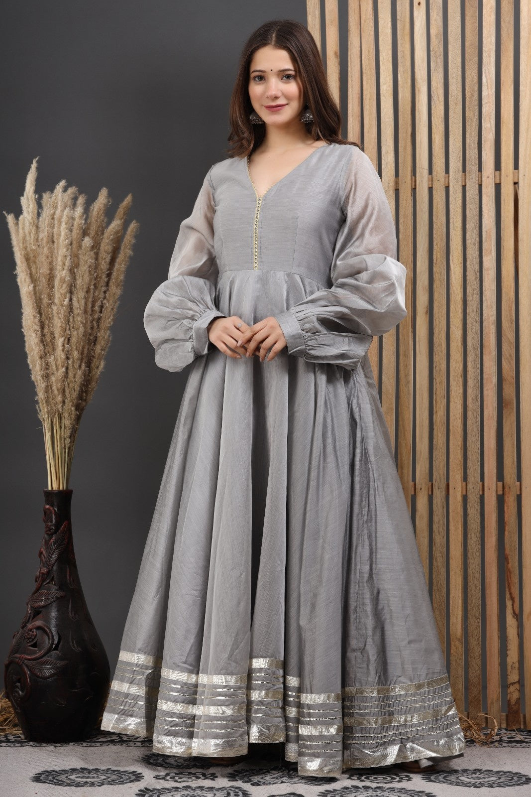Grey Chanderi Dress with Gota Work