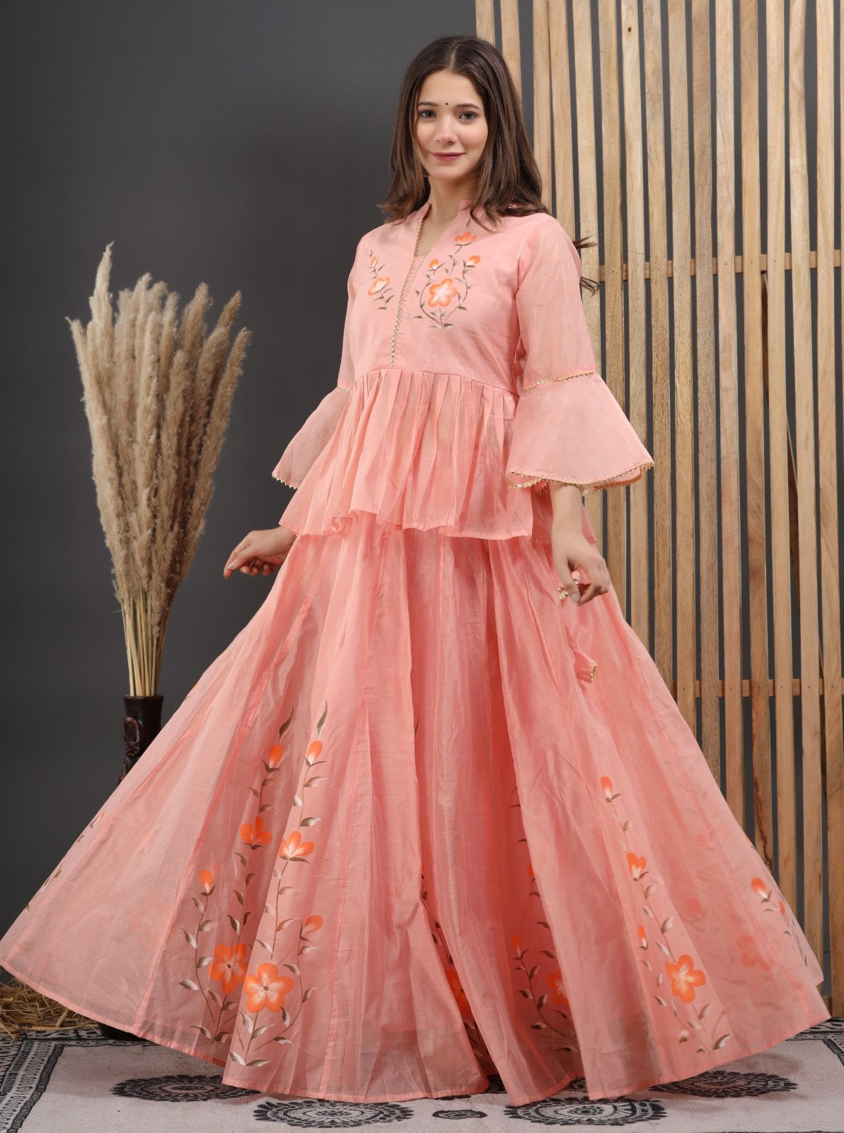 Peach Chanderi Hand Painted Lehenga