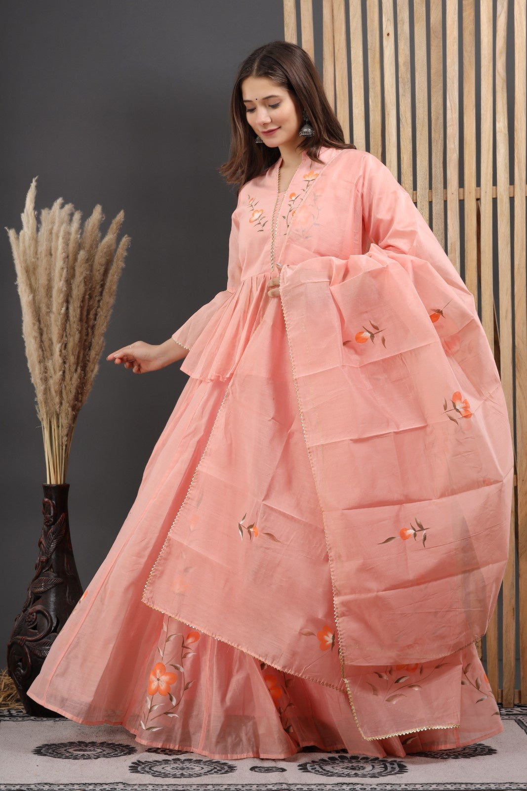 Peach Chanderi Hand Painted Lehenga