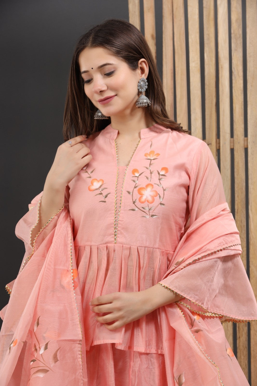 Peach Chanderi Hand Painted Lehenga