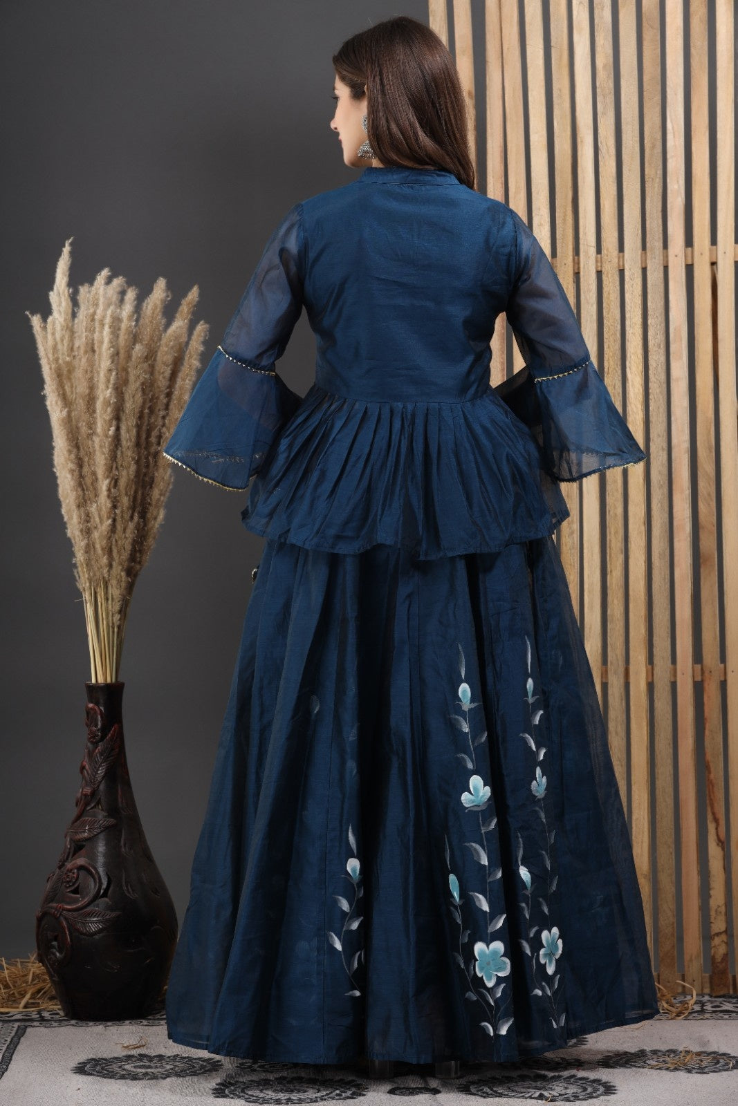 Blue Chanderi Hand Painted Lehenga