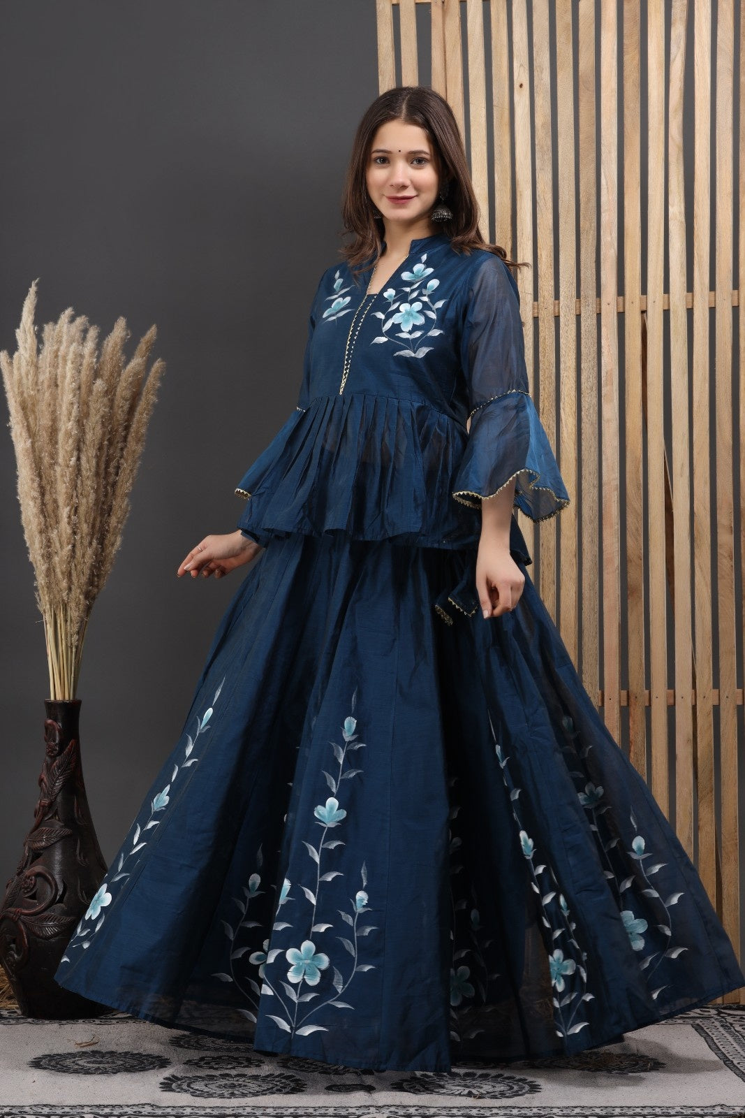 Blue Chanderi Hand Painted Lehenga
