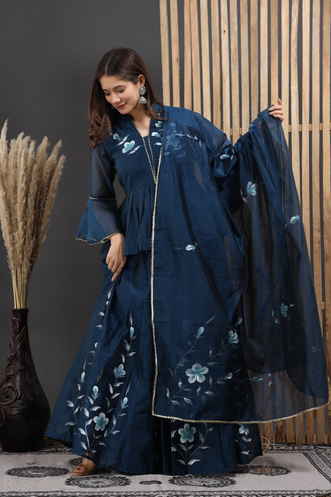 Blue Chanderi Hand Painted Lehenga