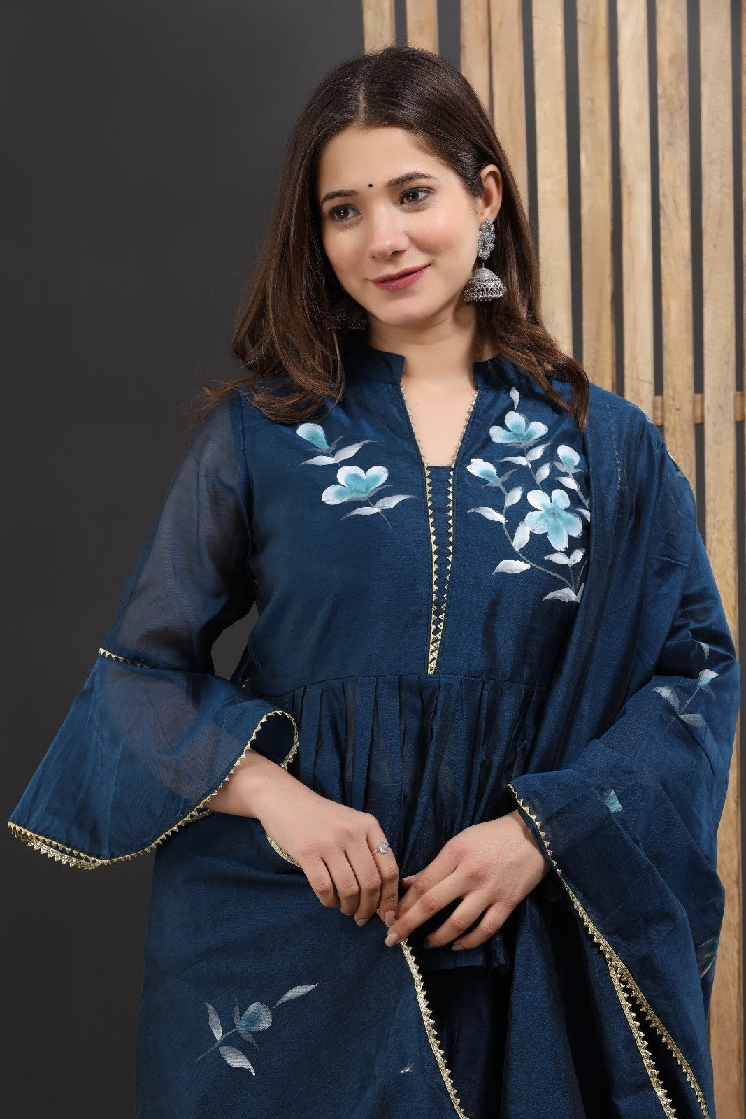 Blue Chanderi Hand Painted Lehenga