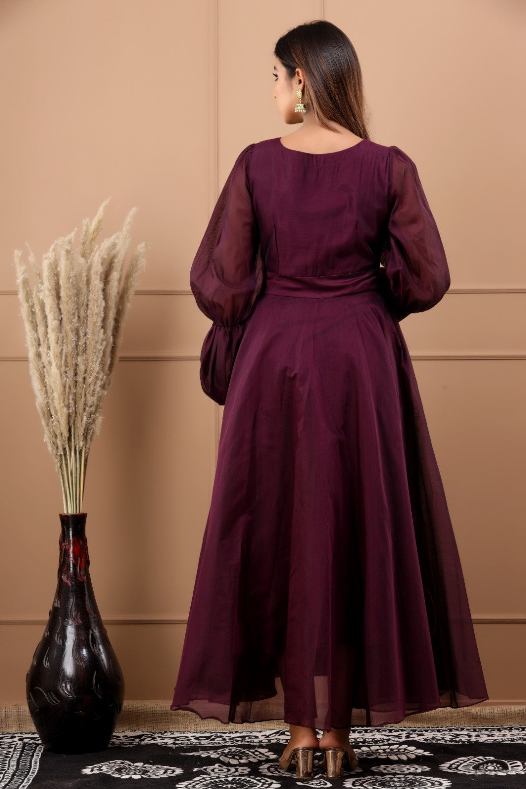 Wine Chanderi Hand Painted Dress