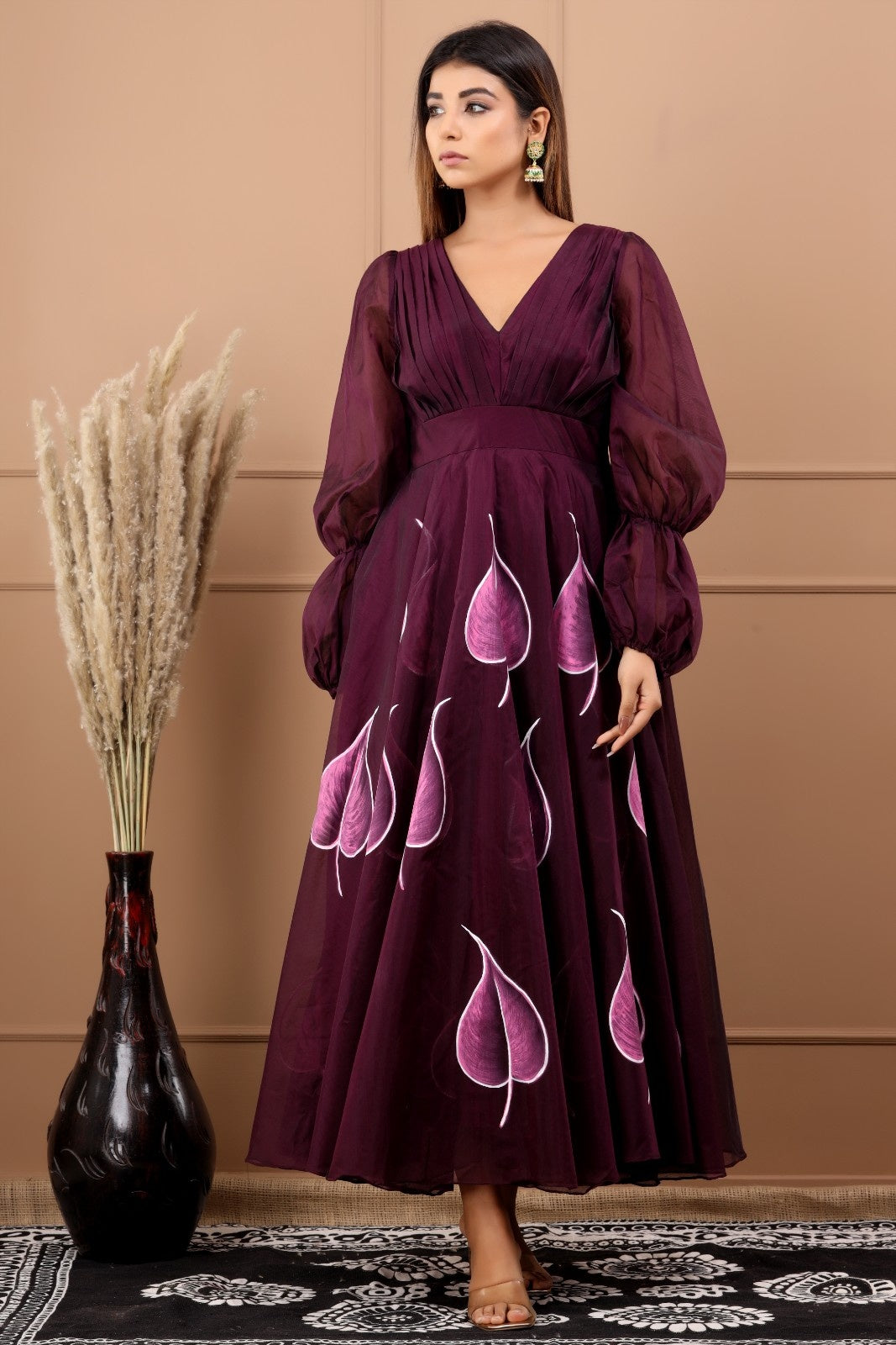 Wine Chanderi Hand Painted Dress