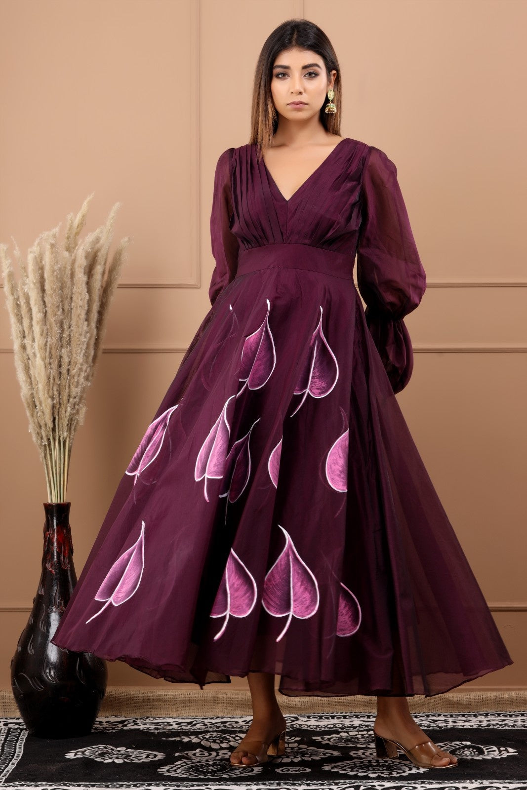 Wine Chanderi Hand Painted Dress