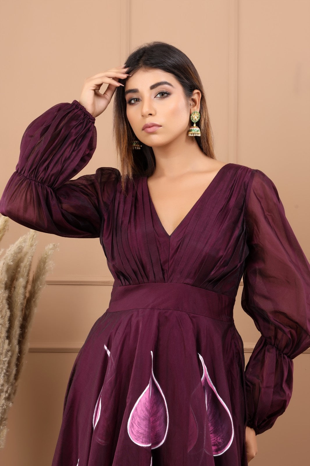 Wine Chanderi Hand Painted Dress