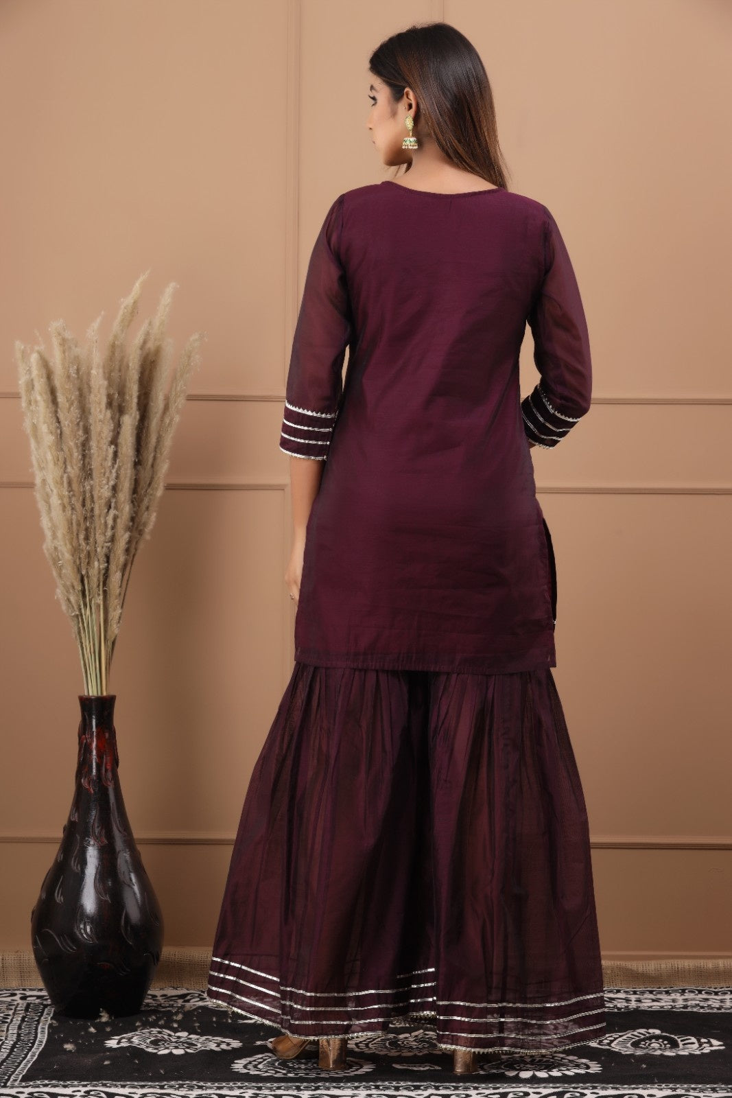 Wine Chanderi Hand Painted Kurta Set