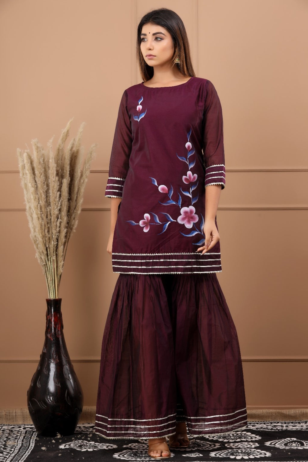 Wine Chanderi Hand Painted Kurta Set