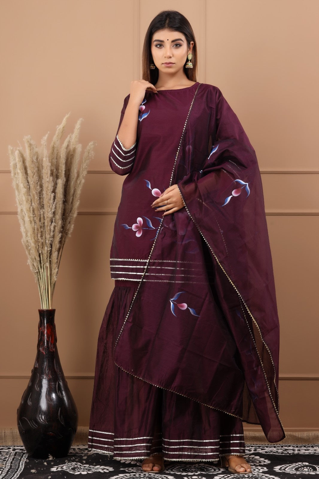 Wine Chanderi Hand Painted Kurta Set