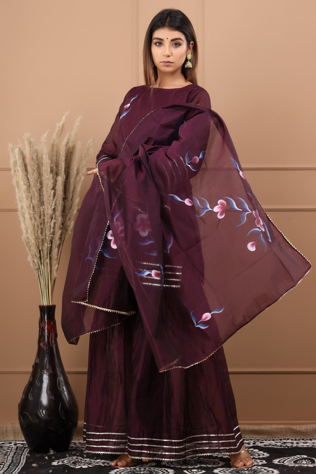 Wine Chanderi Hand Painted Kurta Set