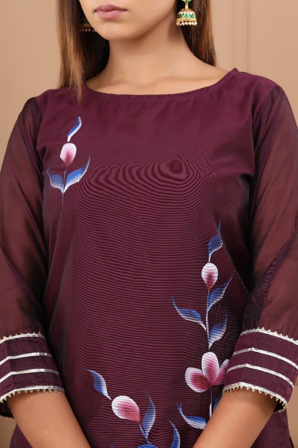 Wine Chanderi Hand Painted Kurta Set