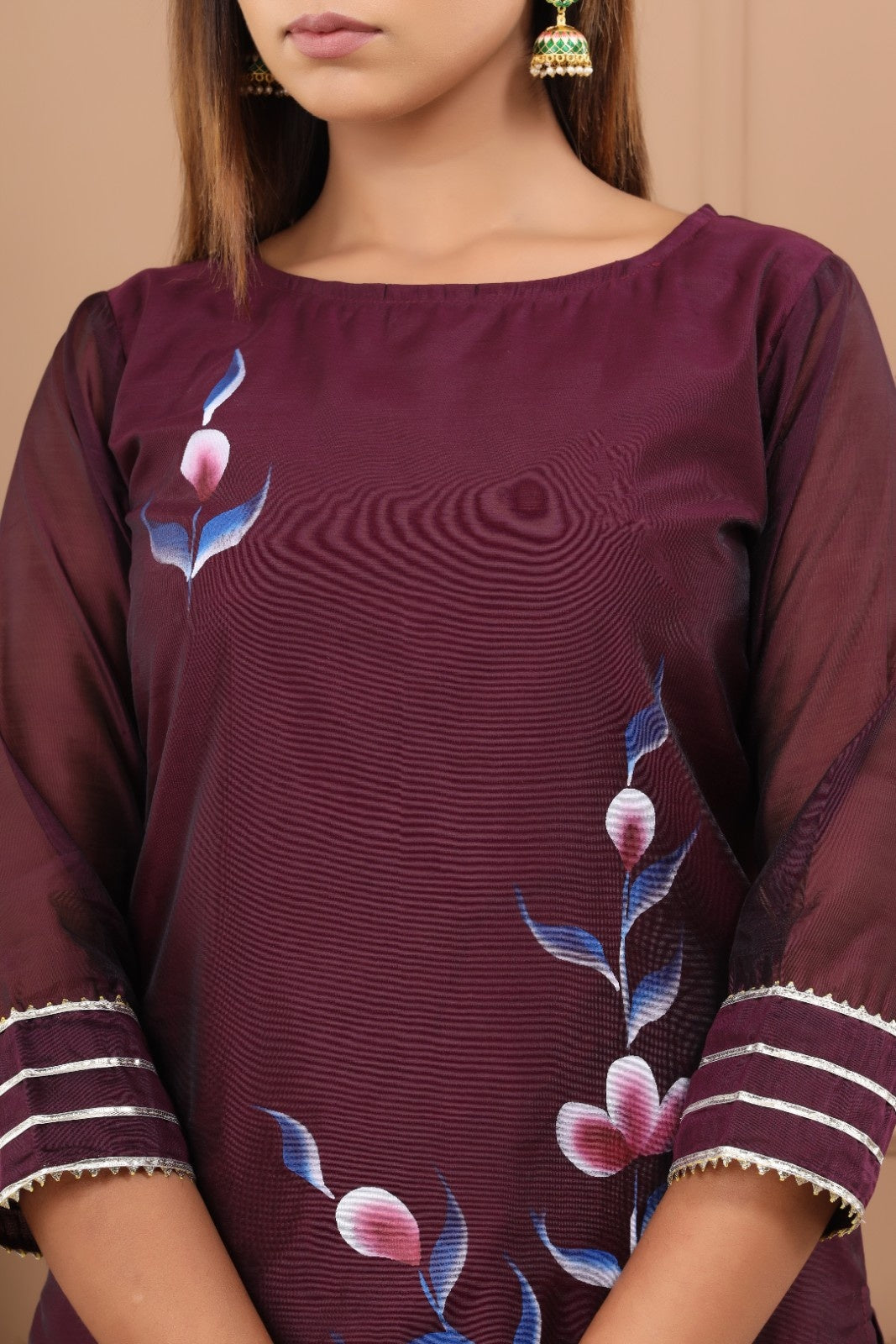 Wine Chanderi Hand Painted Kurta Set
