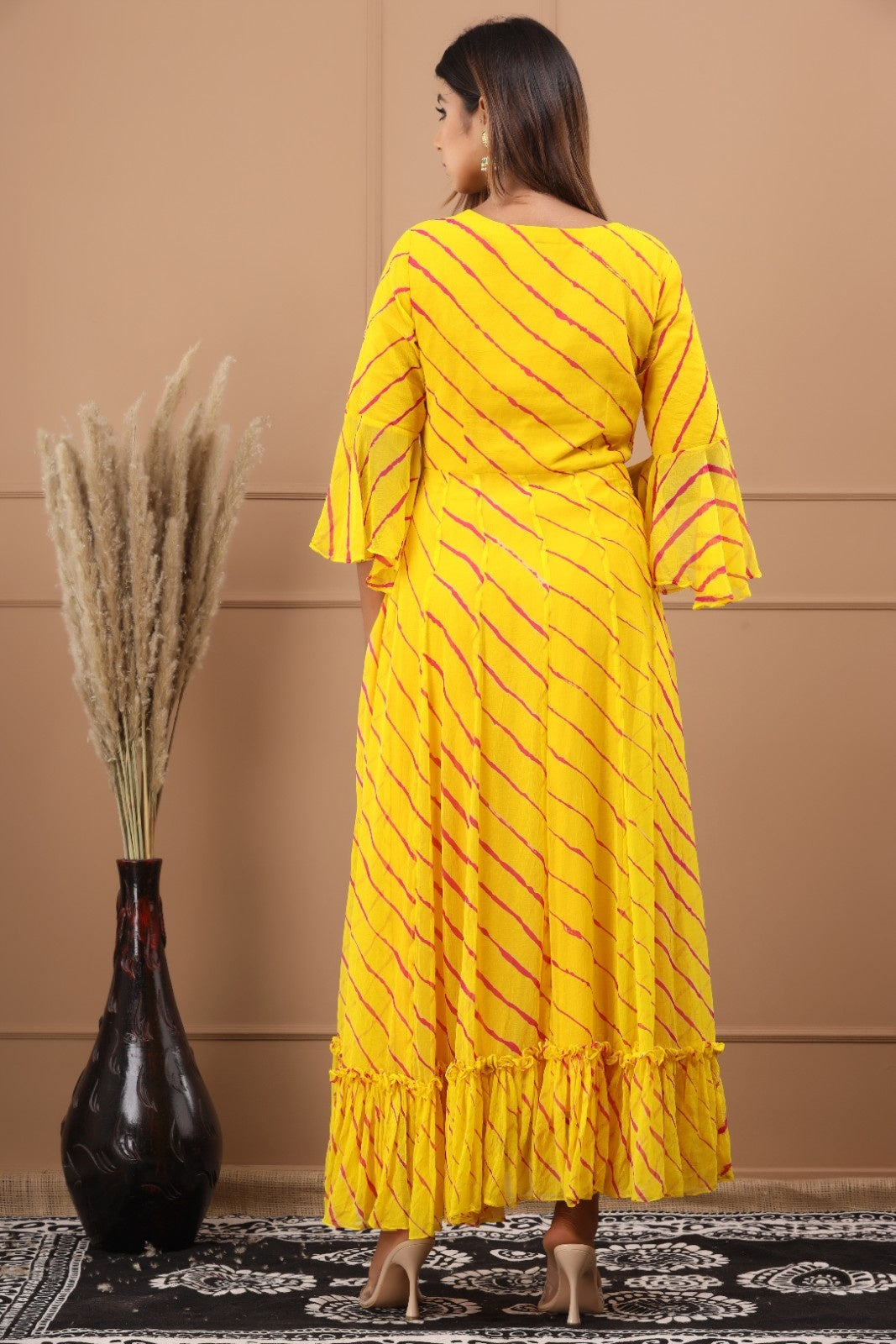 Yellow Chiffon Leheriya Printed Dress