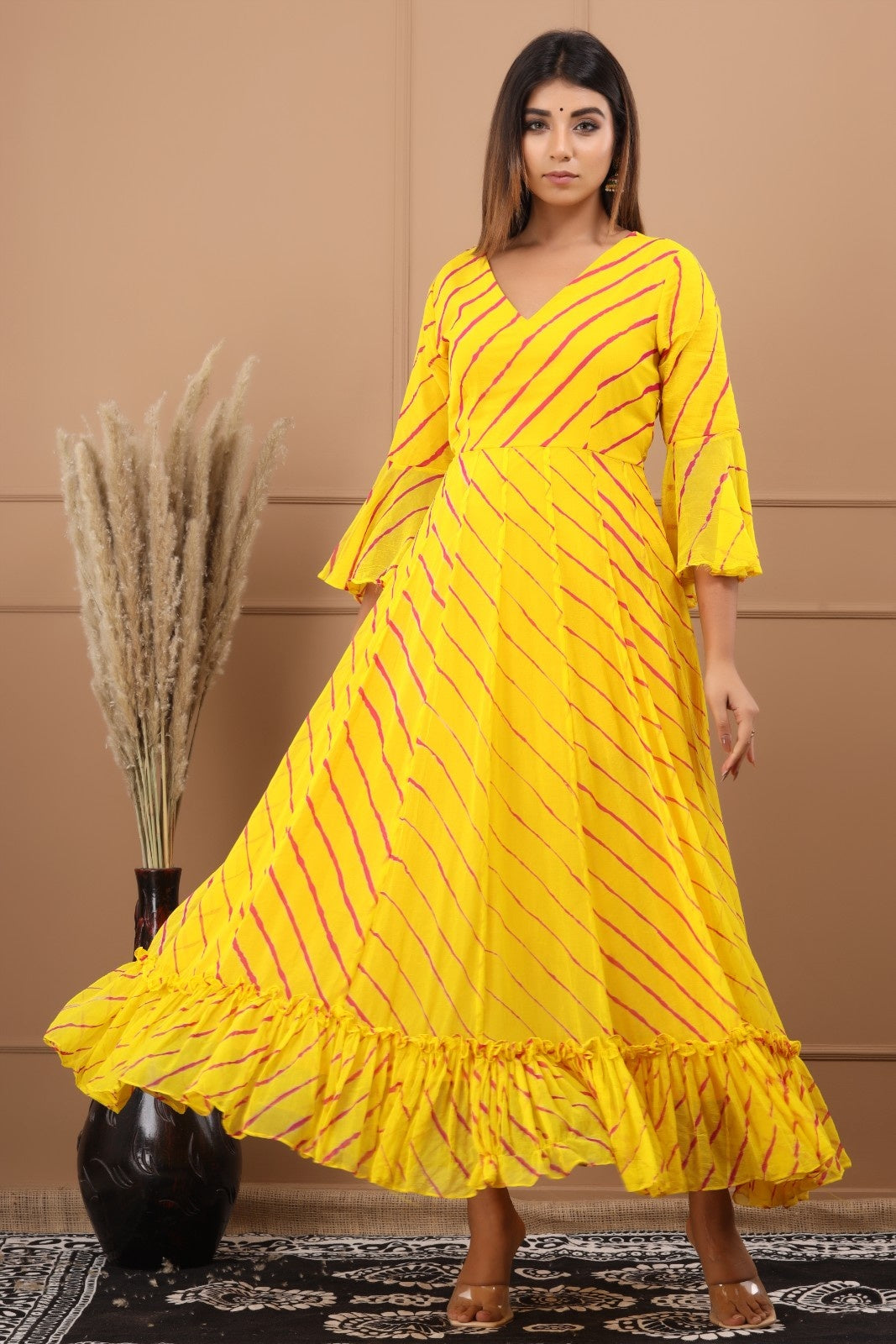 Yellow Chiffon Leheriya Printed Dress