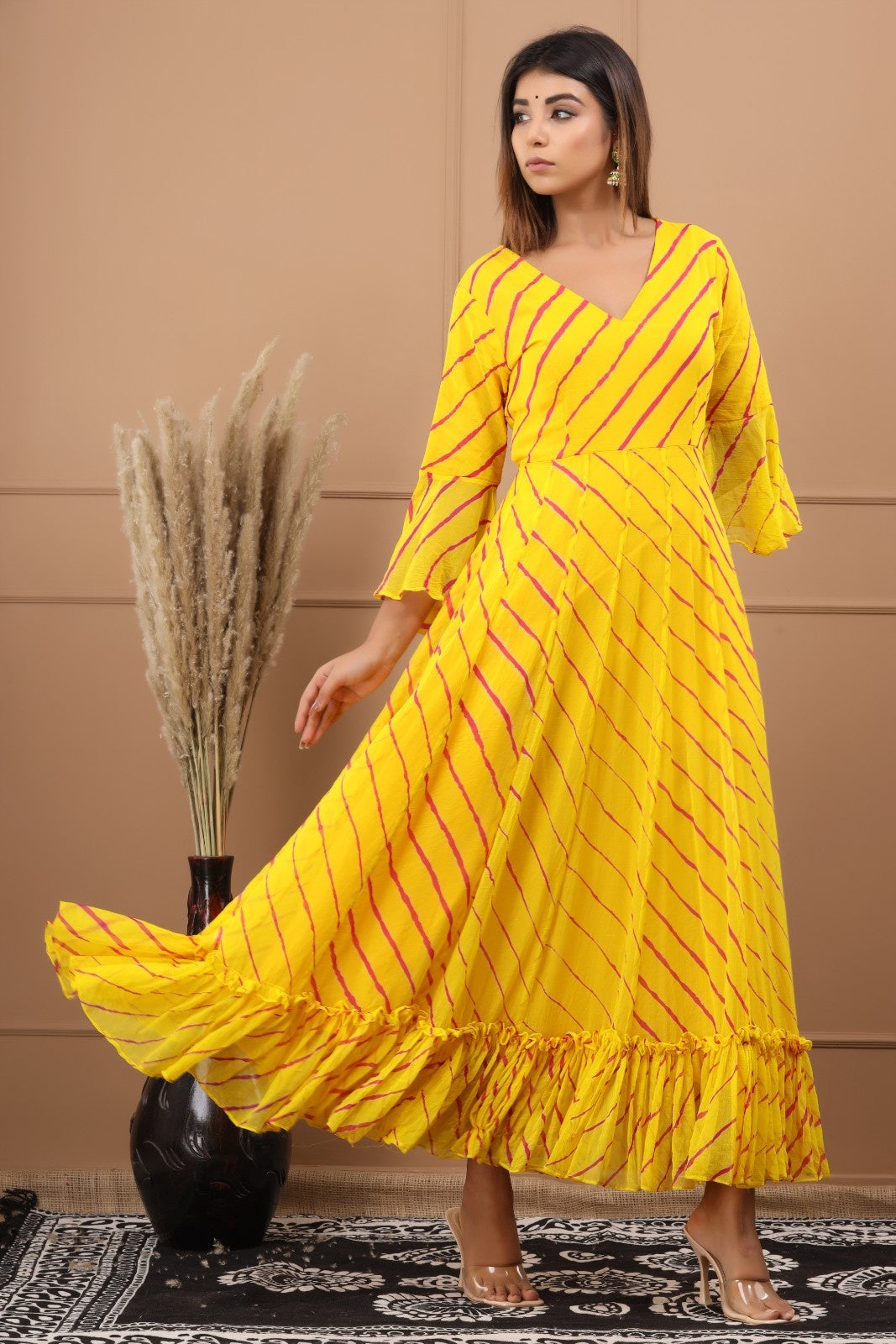 Yellow Chiffon Leheriya Printed Dress