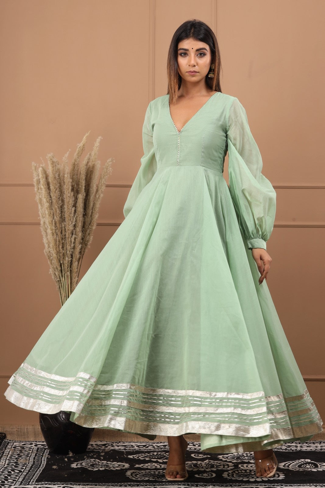 Green Chanderi Dress with Gota Work