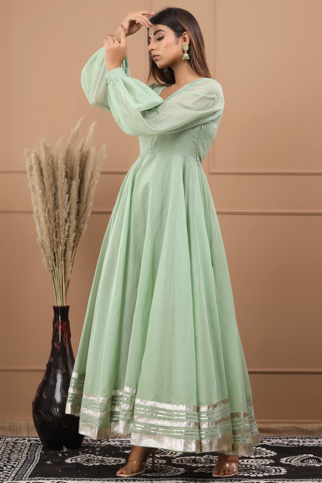 Green Chanderi Dress with Gota Work