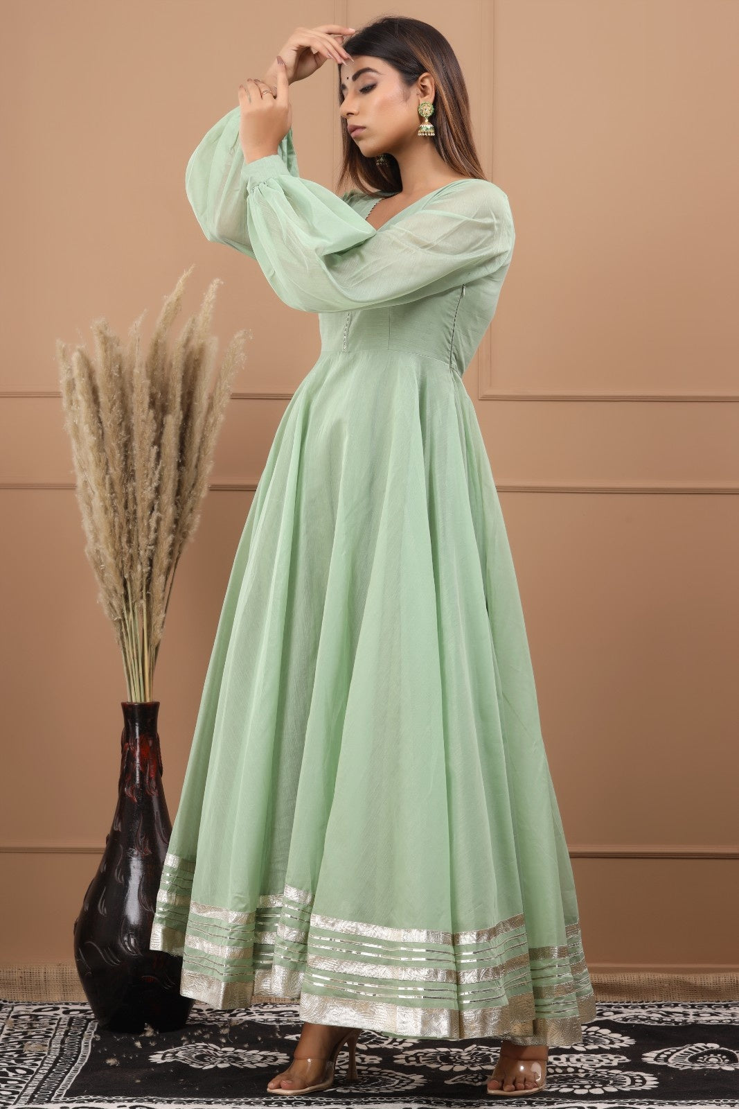 Green Chanderi Dress with Gota Work