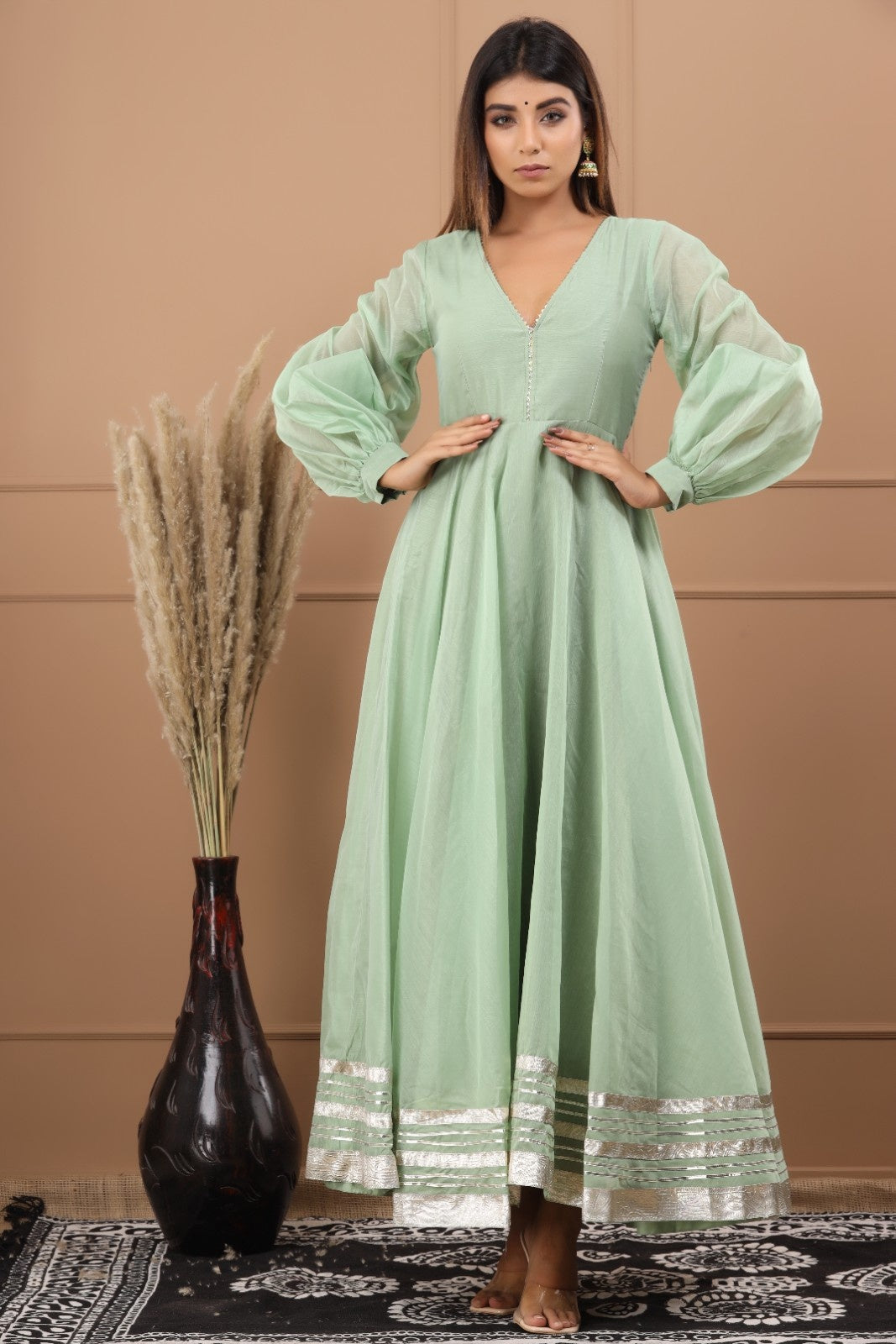 Green Chanderi Dress with Gota Work