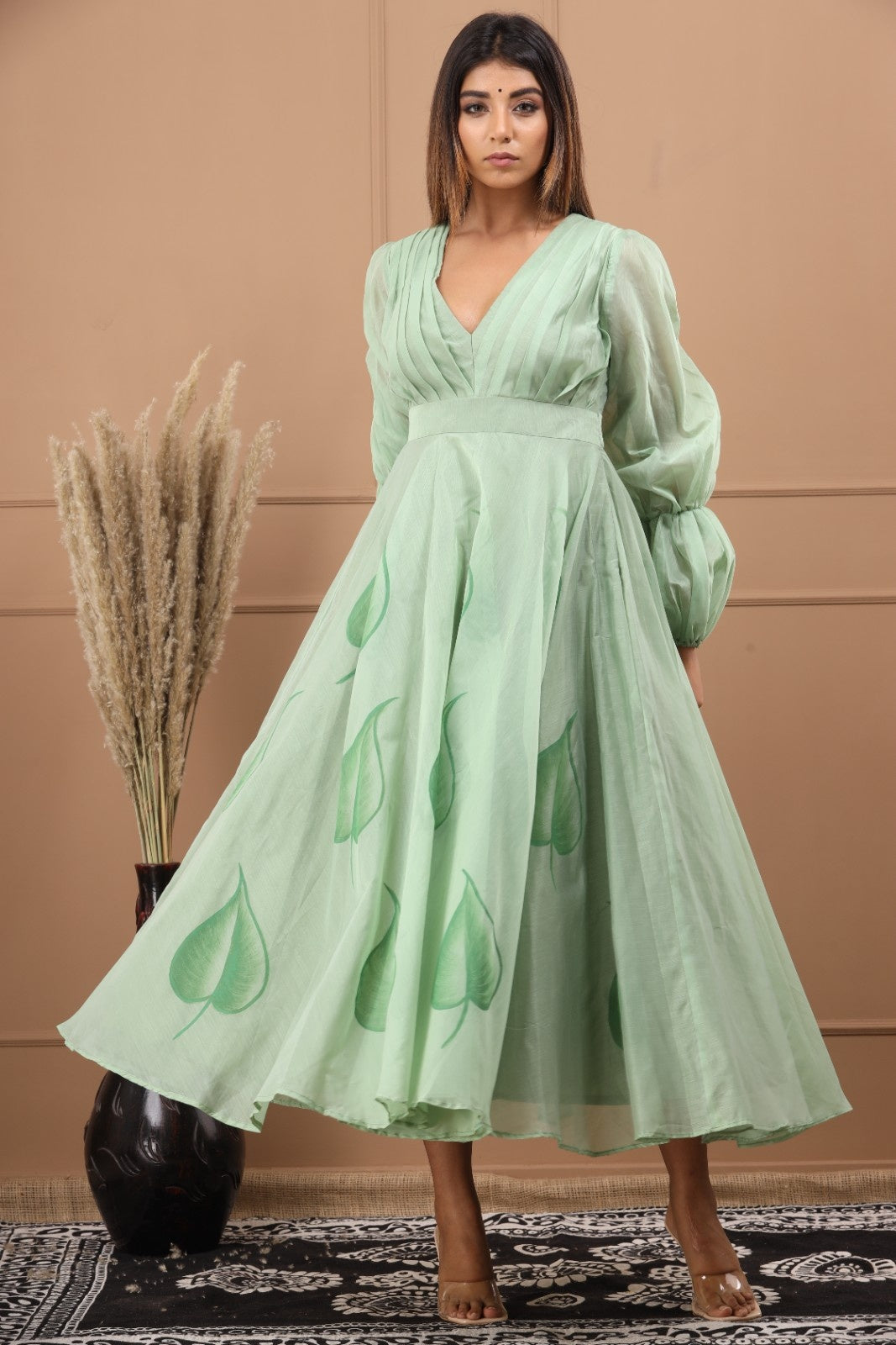 Green Chanderi Hand Painted Dress