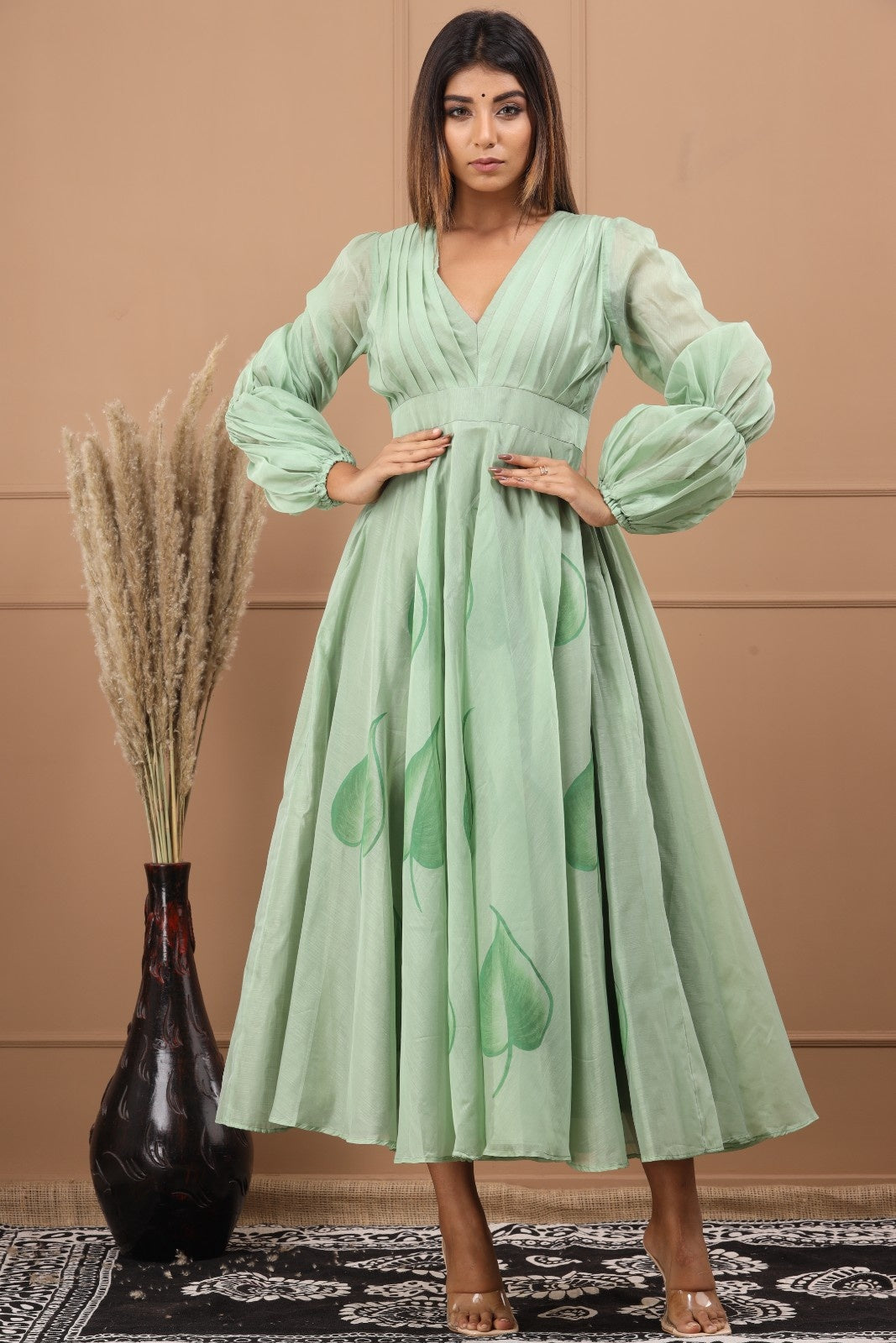 Green Chanderi Hand Painted Dress