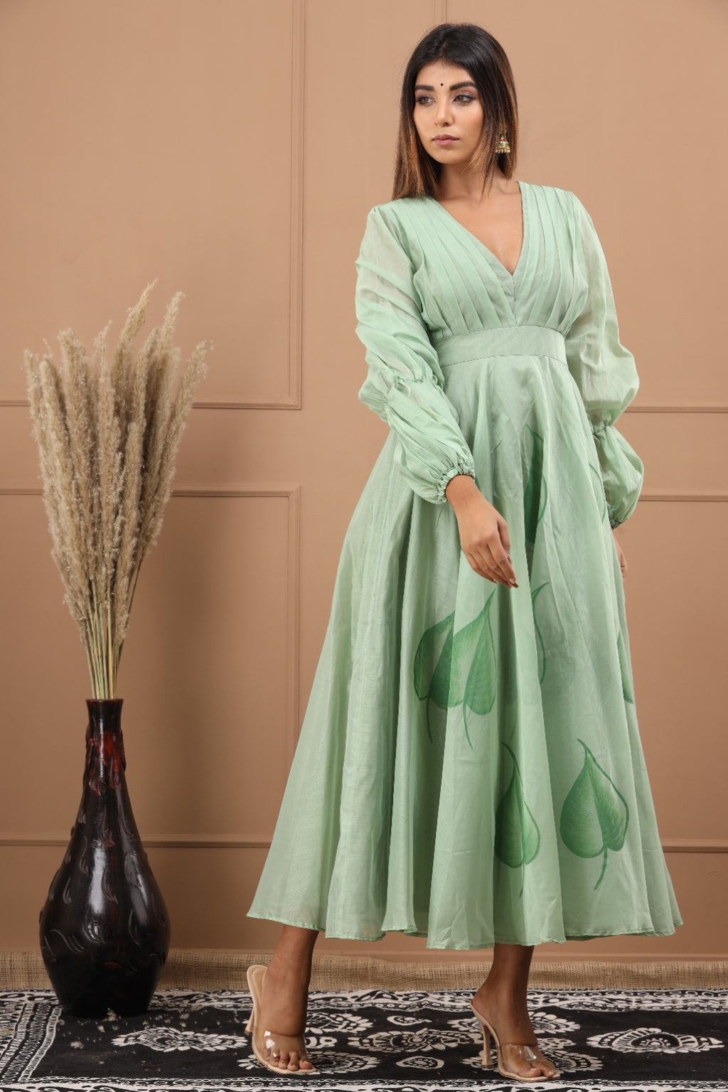 Green Chanderi Hand Painted Dress