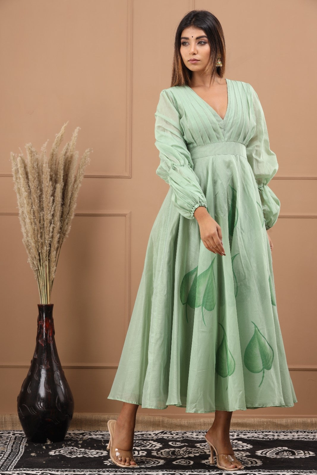 Green Chanderi Hand Painted Dress